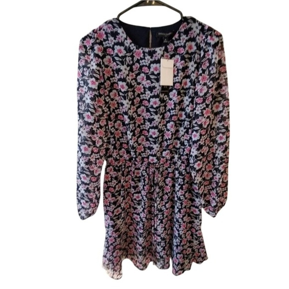 Banana Republic Womens Floral Chiffon Mini Dress Black Pink Long Sleeve Size M